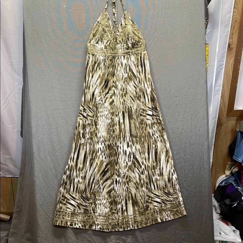 Lucky Brand Gold Halter Pleated‎ embroidered Sundress